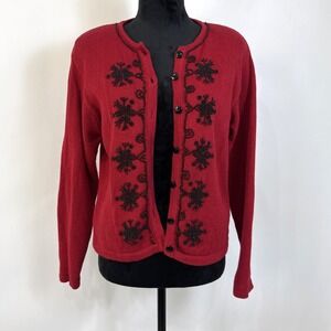 Vintage Dressbarn Beaded Button Up Sweater Size M Red Black Holiday Classic